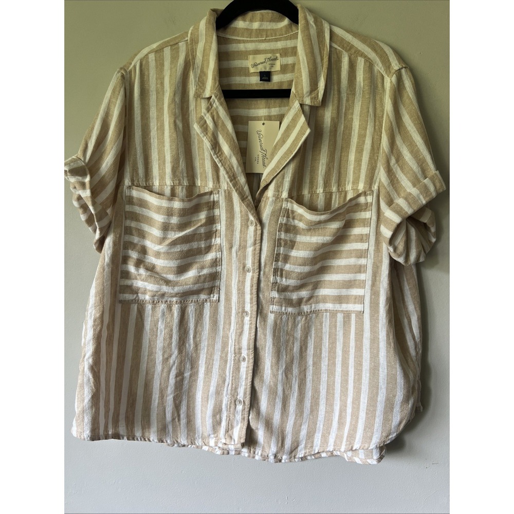 Universal Thread Short Sleeve Button-Down Shirt Size L Coastal Tan Striped Linen